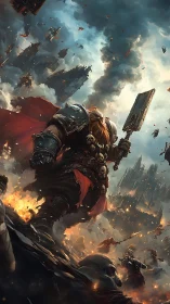 Battle-hardened dwarf warrior strides through a burning citadel