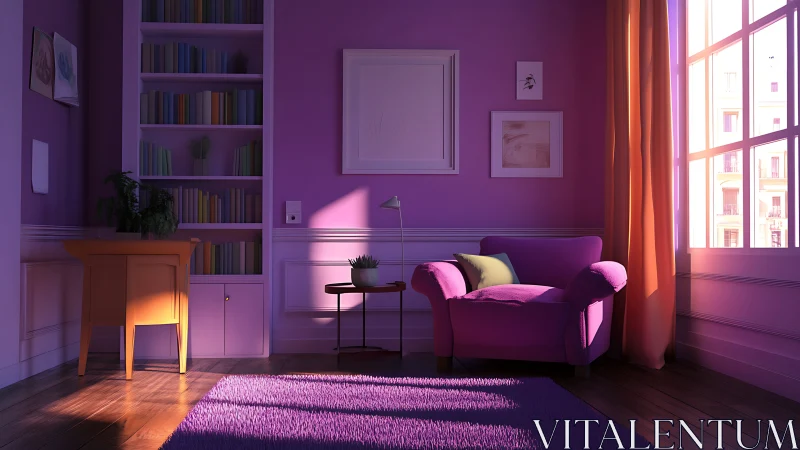 Cozy purple living room with armchair and sunlit window.