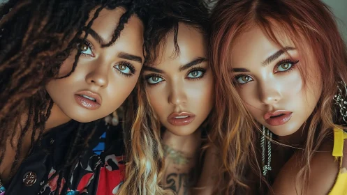 Triadic close-up portrait with hyperreal cosmetic detailing.