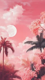 Dreamy pink tropic night under a glowing full moon.