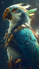 Regal avian warrior in ornate golden battle harness.