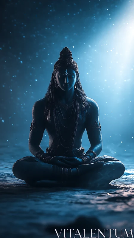 Blue-toned seated yogic figure in cross-legged posture.
