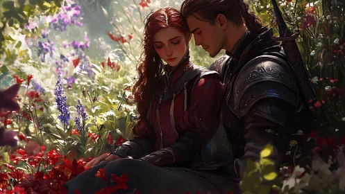 Two figures in ornate armor positioned within flower garden setting
