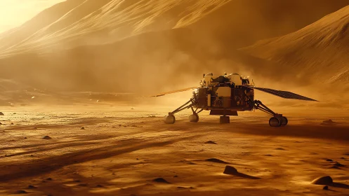 Golden Martian lander rests calmly on a dusty alien horizon
