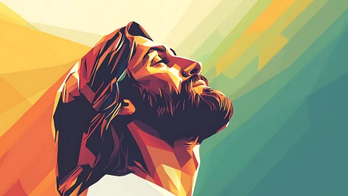 Geometric portrait of bearded man in upward gaze profile.