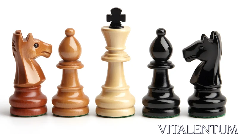 Classic wooden chess pieces in close-up, detailed studio style.