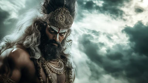 Storm-lit warrior sage glares defiantly against dark skies