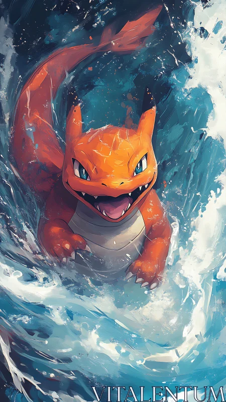 Dynamic orange dragon creature surging through turbulent surf