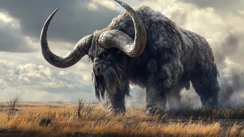 Colossal horned beast strides across stormy golden plains