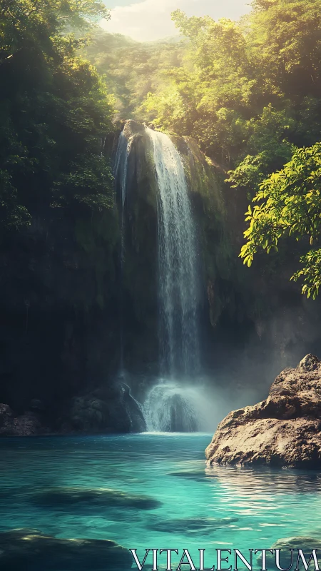 Vertical jungle waterfall drops into clear turquoise pool