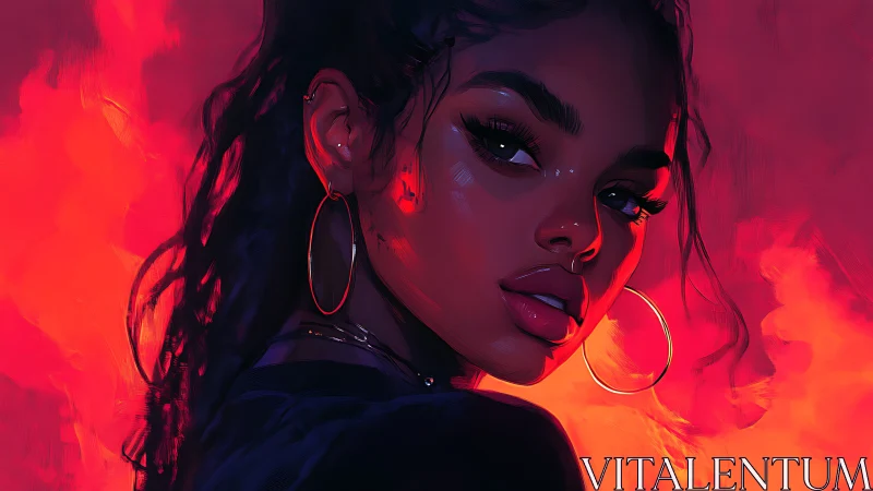 Profile portrait of woman against vivid red-orange backdrop.