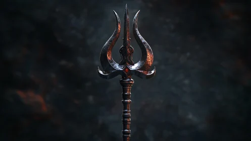 Forged metal trident staff with weathered procedural shading