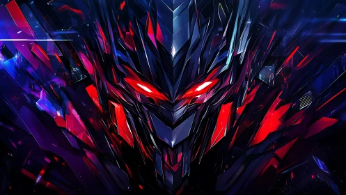 Angular robotic visage in red and blue shard geometry.