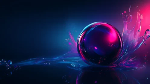 Neon liquid splash surrounds glowing glass sphere on water