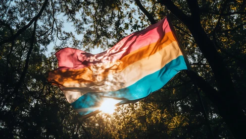 Genderfluid pride flag backlit by low sun through dense trees
