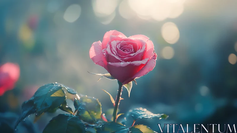 Pink rose with water droplets and blurred background.