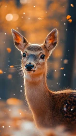 Young autumn deer gazes softly amid drifting forest light.