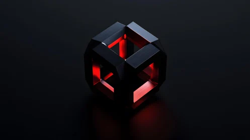 Futuristic Metallic Cube with Red Neon Light on Dark Background.
