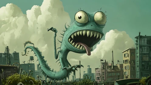 Bug-eyed rooftop lizard kaiju yawns across a teal skyline.