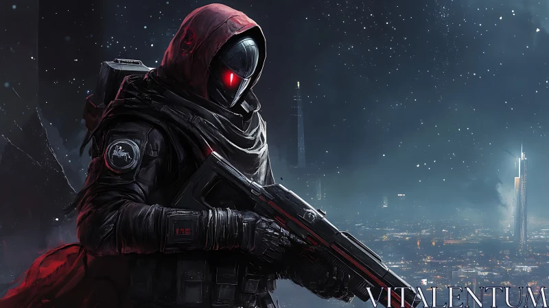 Lone futuristic guardian keeps silent watch above the city