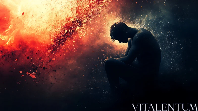 Silhouetted figure in nebular combustion field of light and shadow.