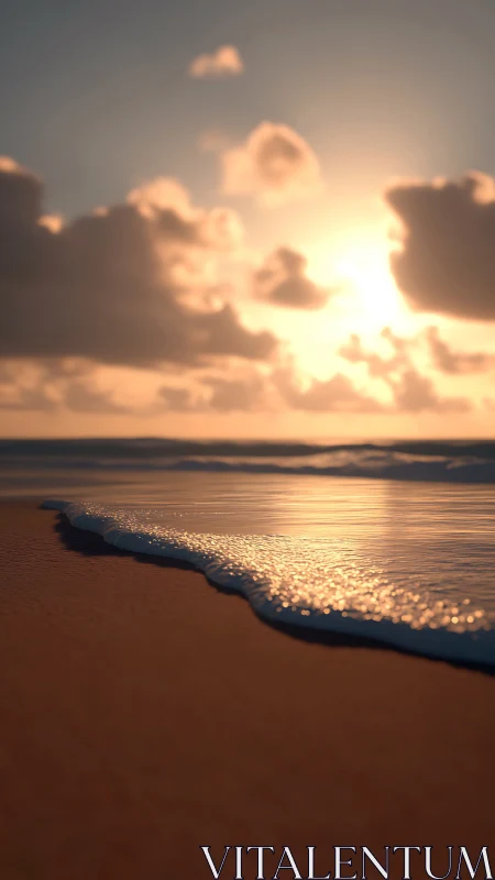 Low-angle shoreline view with sunset sky and soft waves.