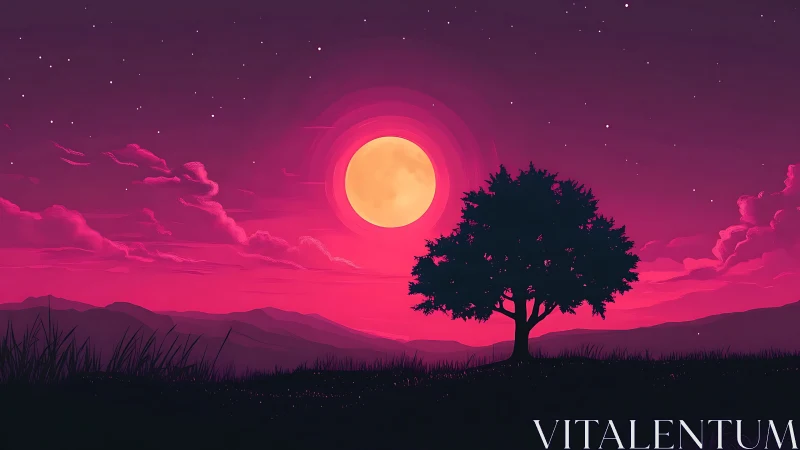 Solitary tree watches a glowing moon over magenta hills