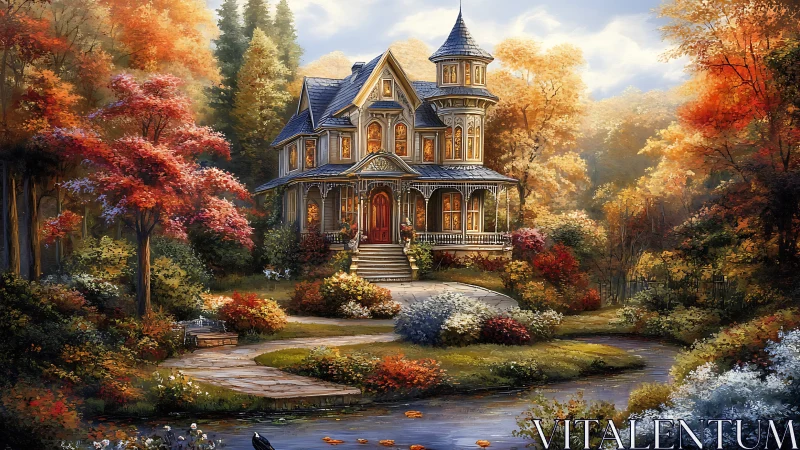 Victorian house in detailed autumn garden landscape scene.
