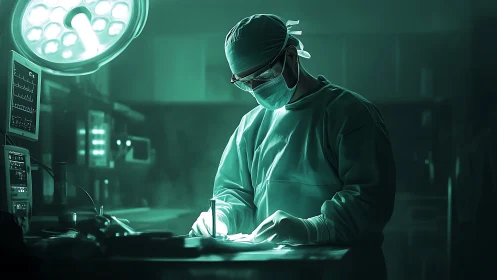 Calm surgeon at work under gentle emerald operating light.
