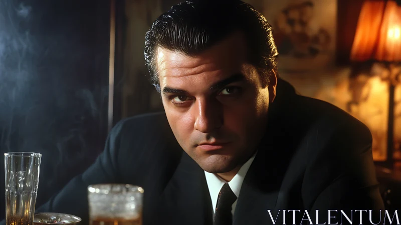 Serious man in dark suit seated in dimly lit bar.