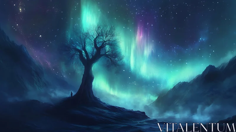 Solitary tree beneath ethereal aurora in misty valley night.