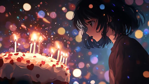 Anime Character Observing Luminous Birthday Cake with Bokeh Ambiance