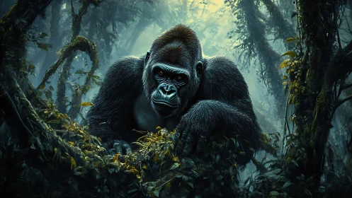 Gorilla resting among dense jungle foliage in misty light.