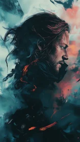 Stormlit wanderer carves a path through smoke and ember