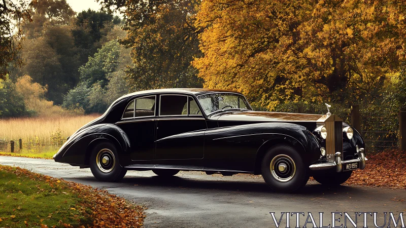 Photorealistic vintage luxury sedan in autumn landscape setting.