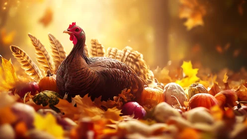 Turkey Among Autumn Harvest. Golden Seasonal Abundance.