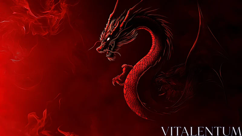 Crimson serpentine dragon coils through shadowed red smoke.