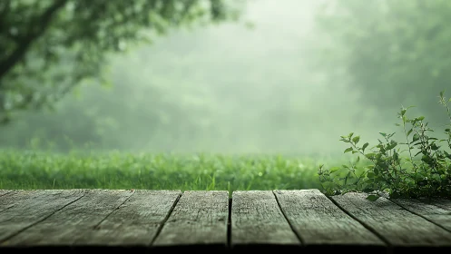 Weathered Wood Deck Overlooks Misty Garden Morning
