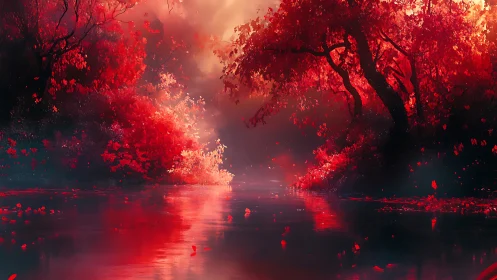 High-saturation crimson forest river under diffuse volumetric backlight