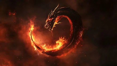 Infernal serpentine dragon coiled in blazing circular flame.