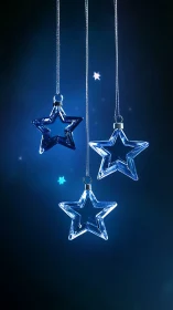 Glass star ornaments glow softly against deep blue night.