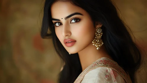 Portrait shows woman in traditional attire with gold earrings