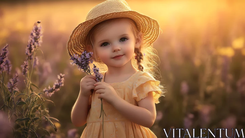 Young Girl in Lavender Field at Golden Hour. Straw Hat Portrait.