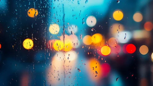 Rain covered window with blurred urban traffic lights.