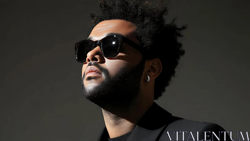 Stylish man in sunglasses gazes upward in dramatic light