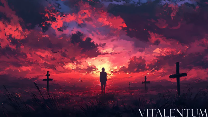 Solitary mourner beneath a burning crimson battlefield sky.
