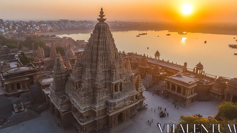 Sunlit riverside temple complex with soaring stone spires.