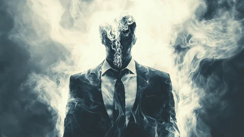 Smoke-shrouded businessman silhouette in surreal glow.
