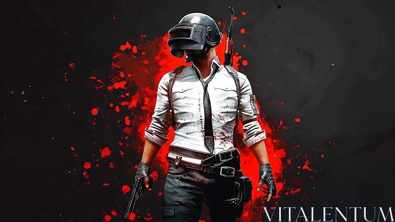 Helmeted shooter stands before red splatter on dark field