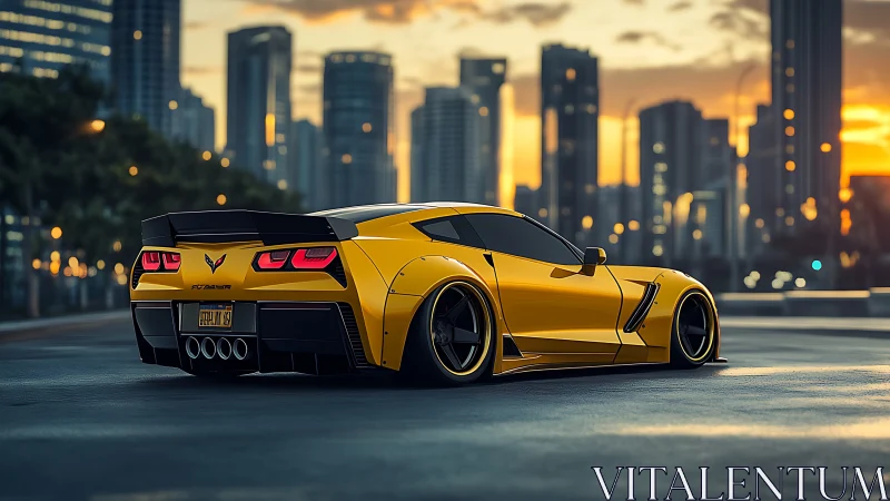 Yellow sports coupe on urban street at sunset skyline.